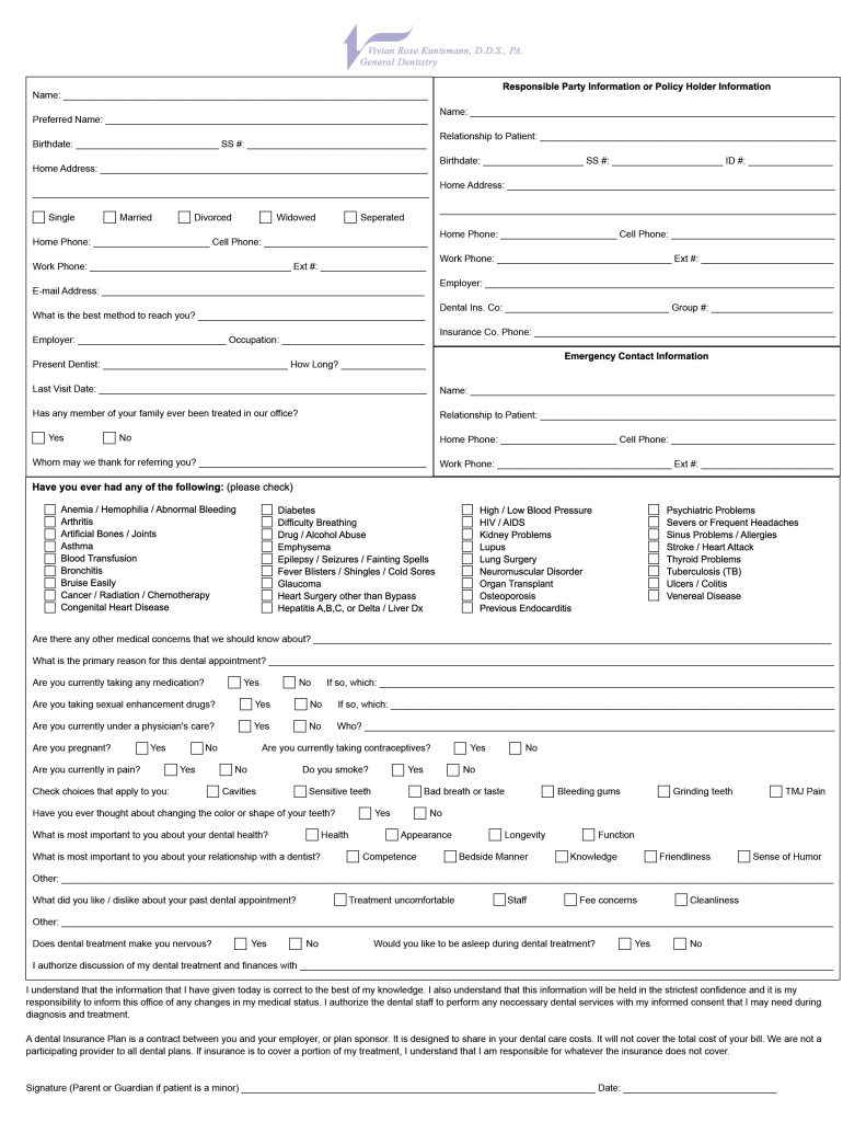 New Patient Forms - Dr. Vivian Rose Kunstmann, DDS, PA: General ...